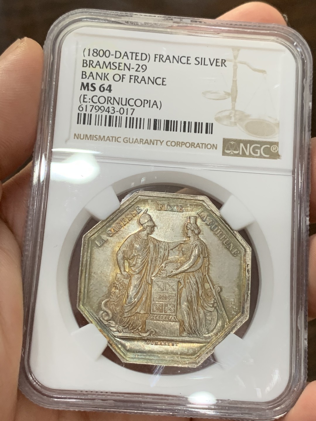 《竞宝斋》第73场-本周日，周一2场连拍（全场不限金额包邮） NGC MS64 法国1800年法兰西银行百年纪念八角银章代用币 五彩包浆 顶级品相