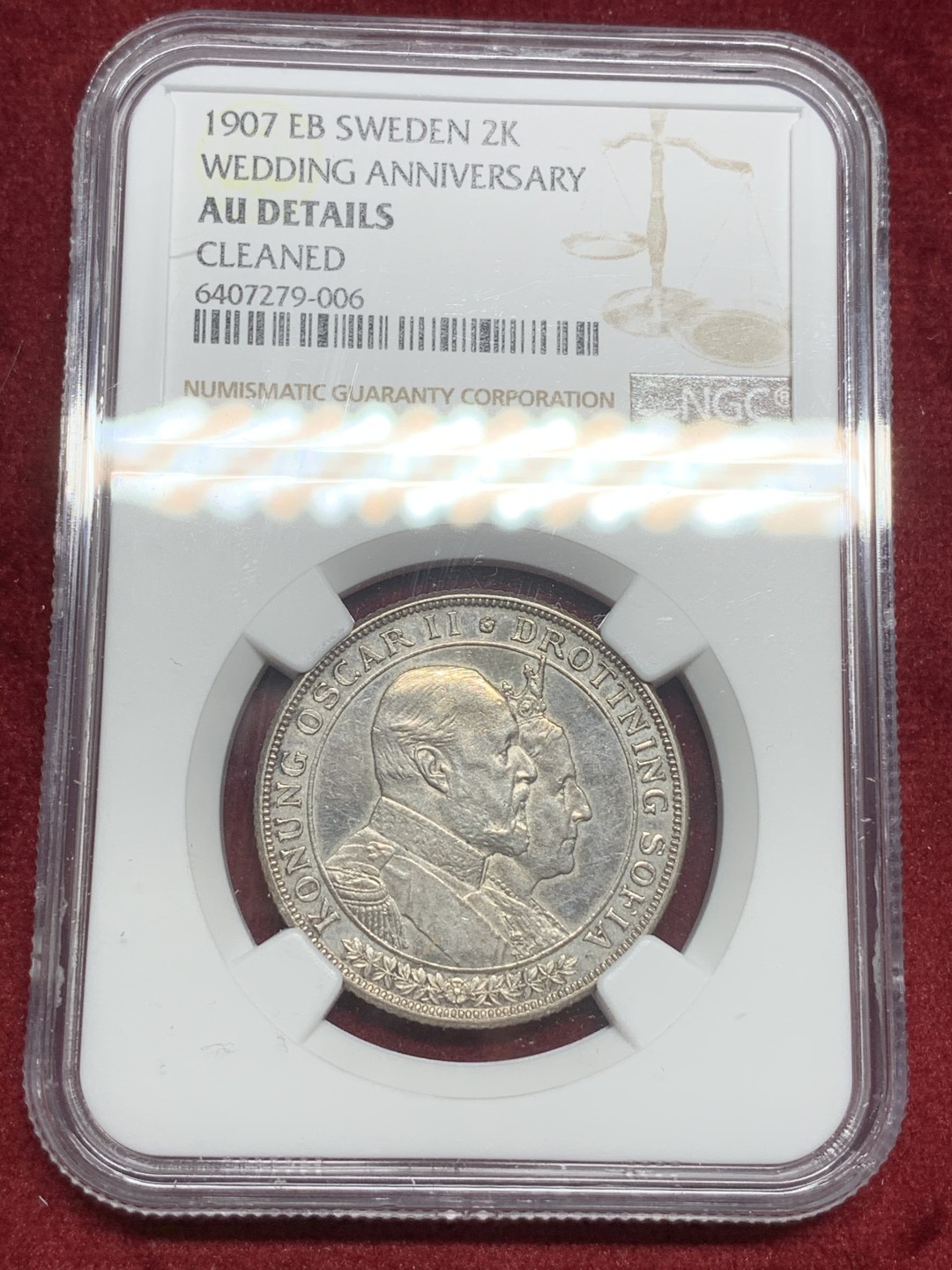 《竞宝斋》第73场-本周日，周一2场连拍（全场不限金额包邮） NGC AU细节评级 1907年瑞典国王奥斯卡二世结婚纪念日2克朗银币