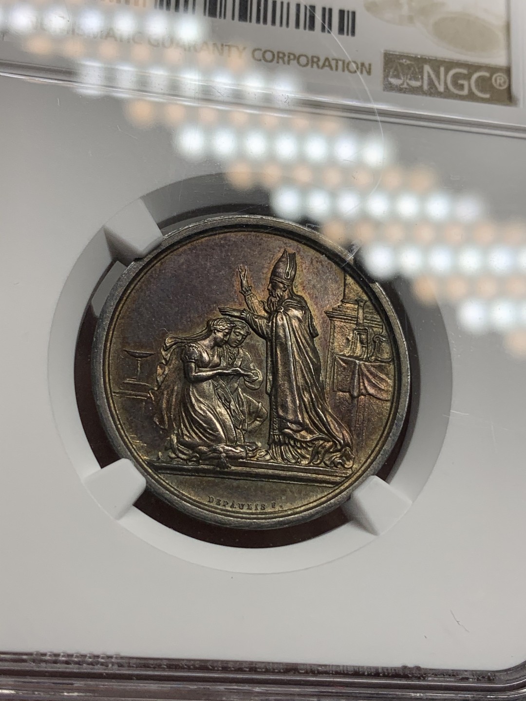 《竞宝斋》第73场-本周日，周一2场连拍（全场不限金额包邮） NGC MS61 法国19世纪结婚纪念银章 五彩包浆 低评好品好状态