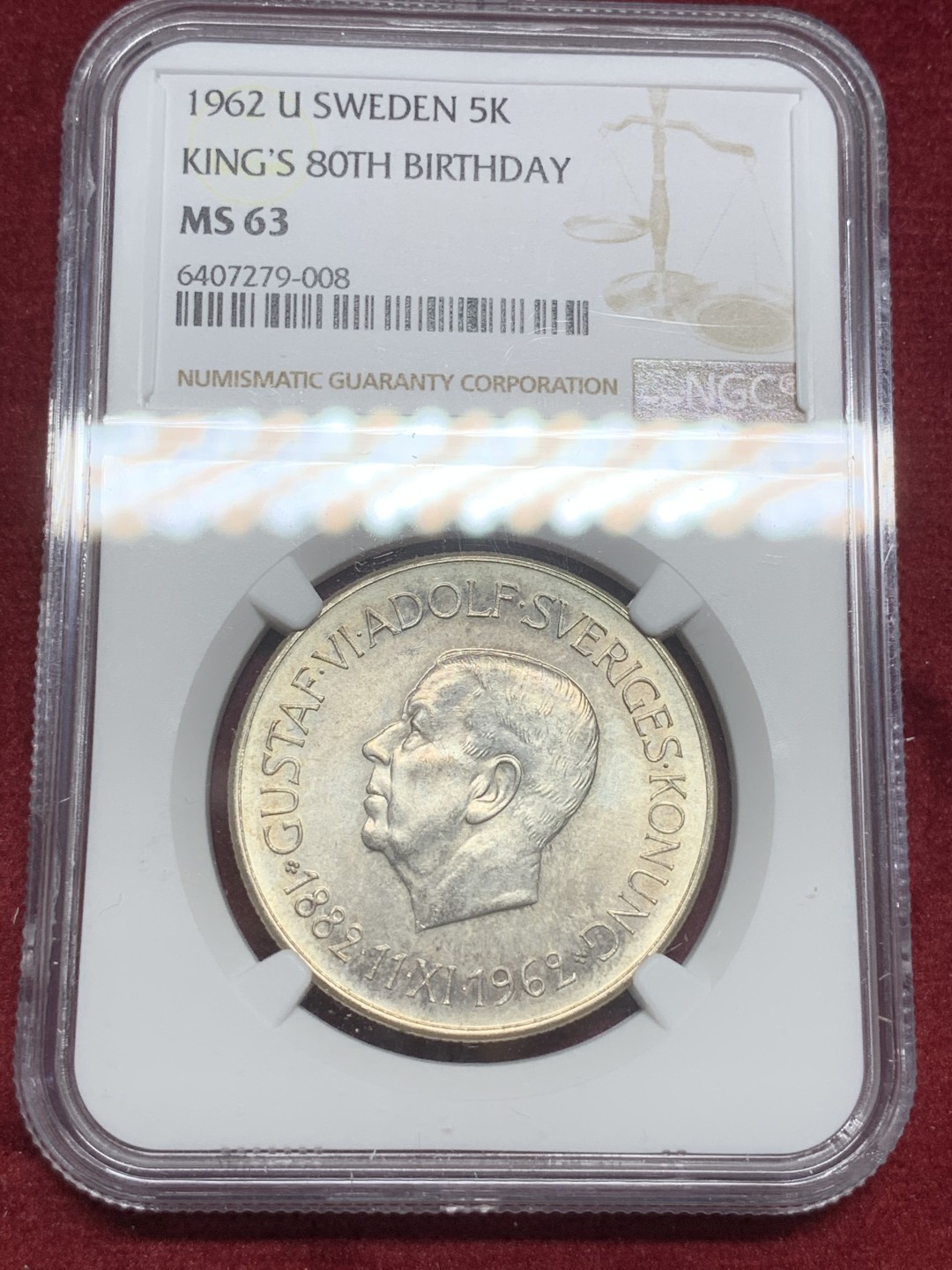 《竞宝斋》第73场-本周日，周一2场连拍（全场不限金额包邮） NGC MS63 1962年瑞典国王古斯塔夫六世80岁生日5克朗银币