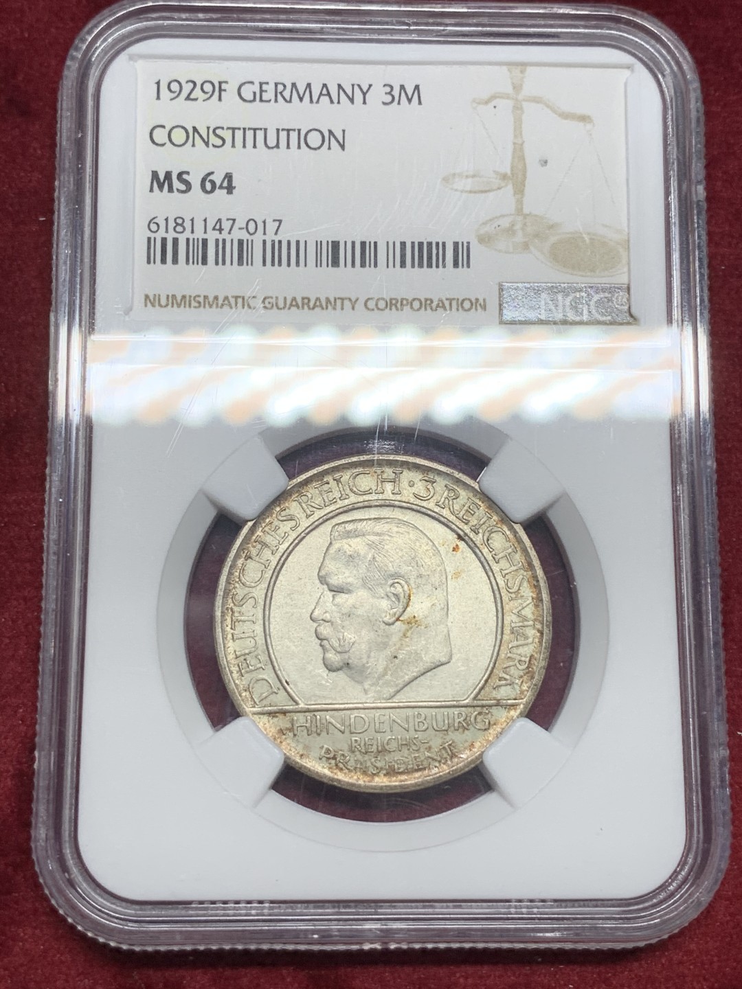 《竞宝斋》第73场-本周日，周一2场连拍（全场不限金额包邮） NGC-MS64 德国魏玛 1929年 宪法纪念 3马克 少见品种 转光强烈