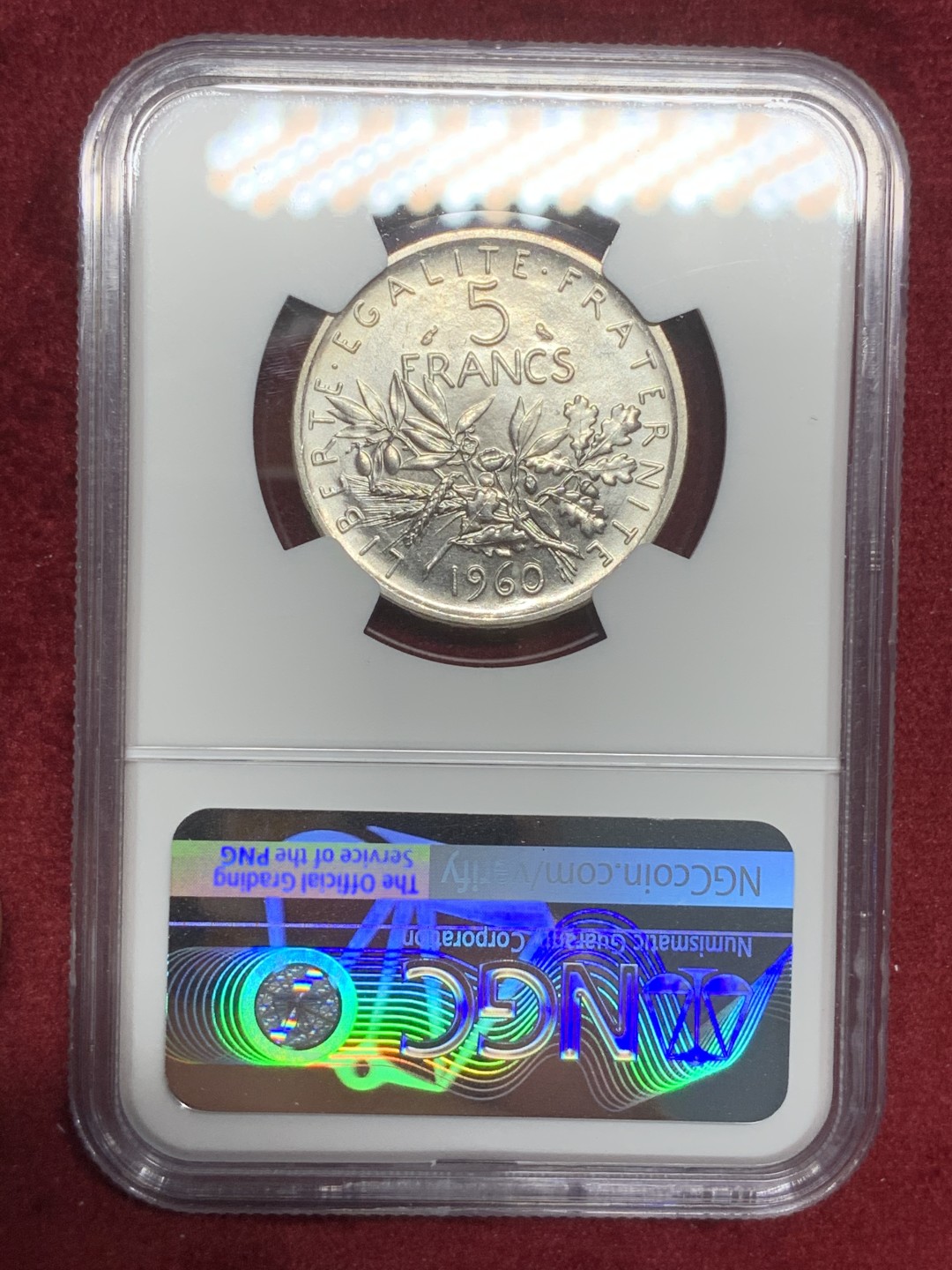 《竞宝斋》第73场-本周日，周一2场连拍（全场不限金额包邮） NGC MS64 1960年法国播种5法郎银币