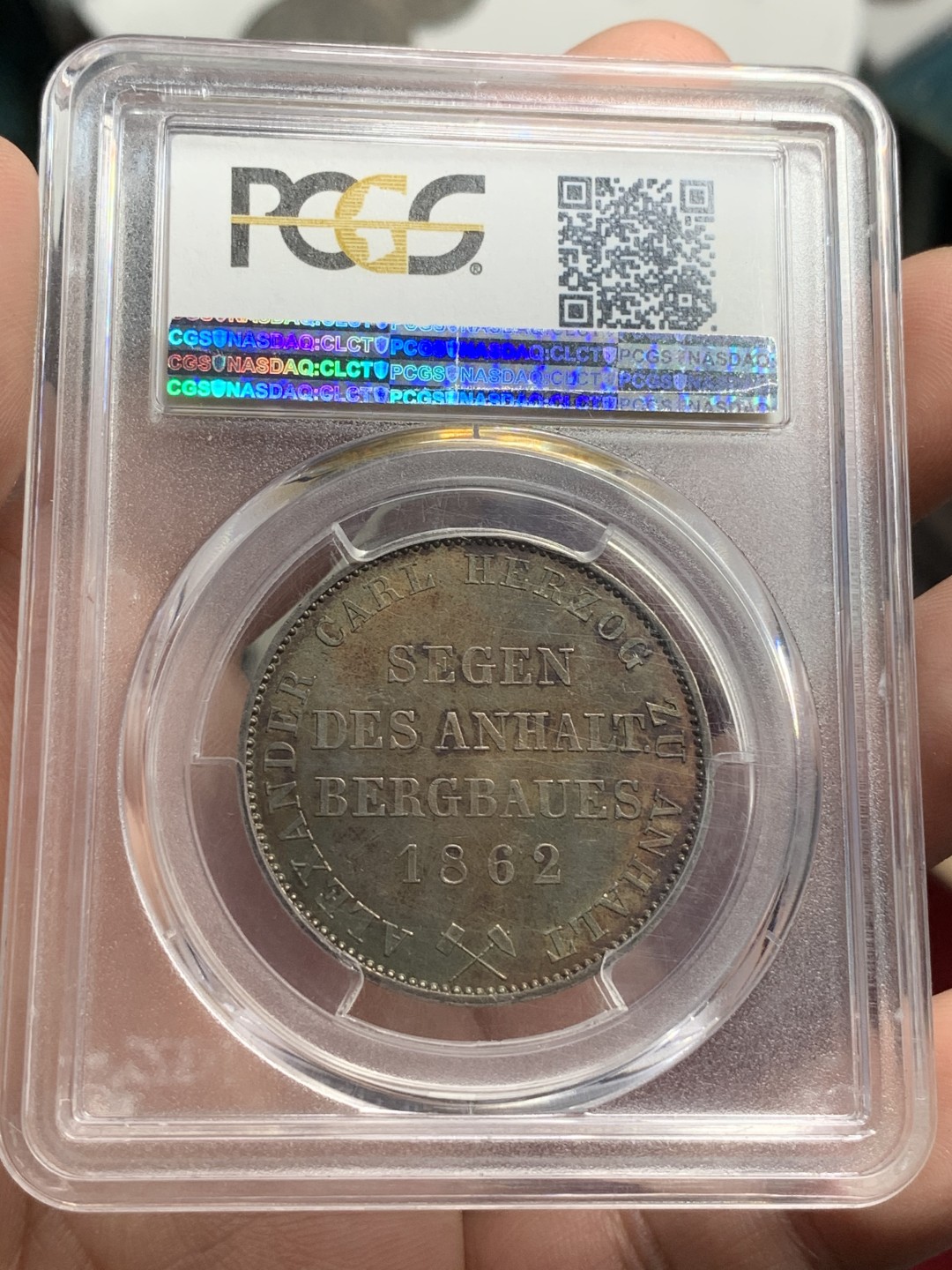 《竞宝斋》第73场-本周日，周一2场连拍（全场不限金额包邮） PCGS-MS63 德国 1862年 安哈特小熊爬墙泰勒 经典设计 超级五彩