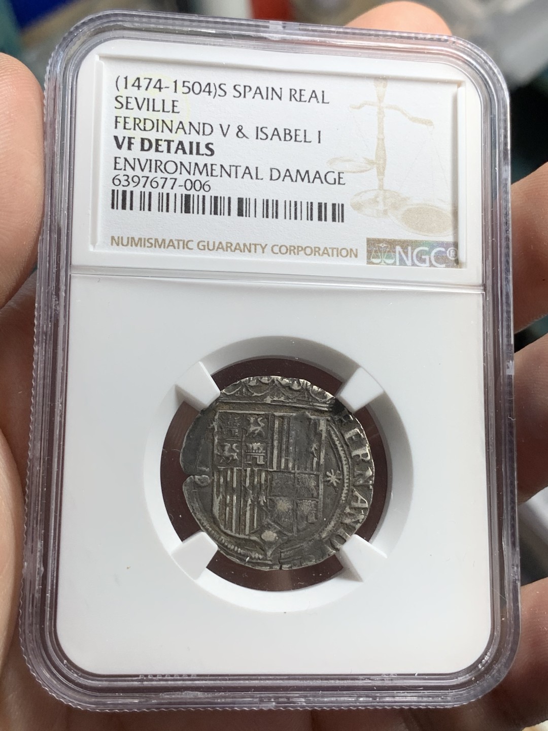 《竞宝斋》第73场-本周日，周一2场连拍（全场不限金额包邮） NGC-VFD西班牙（1474-1504年）费迪兰V和伊莎贝拉 1里尔银币