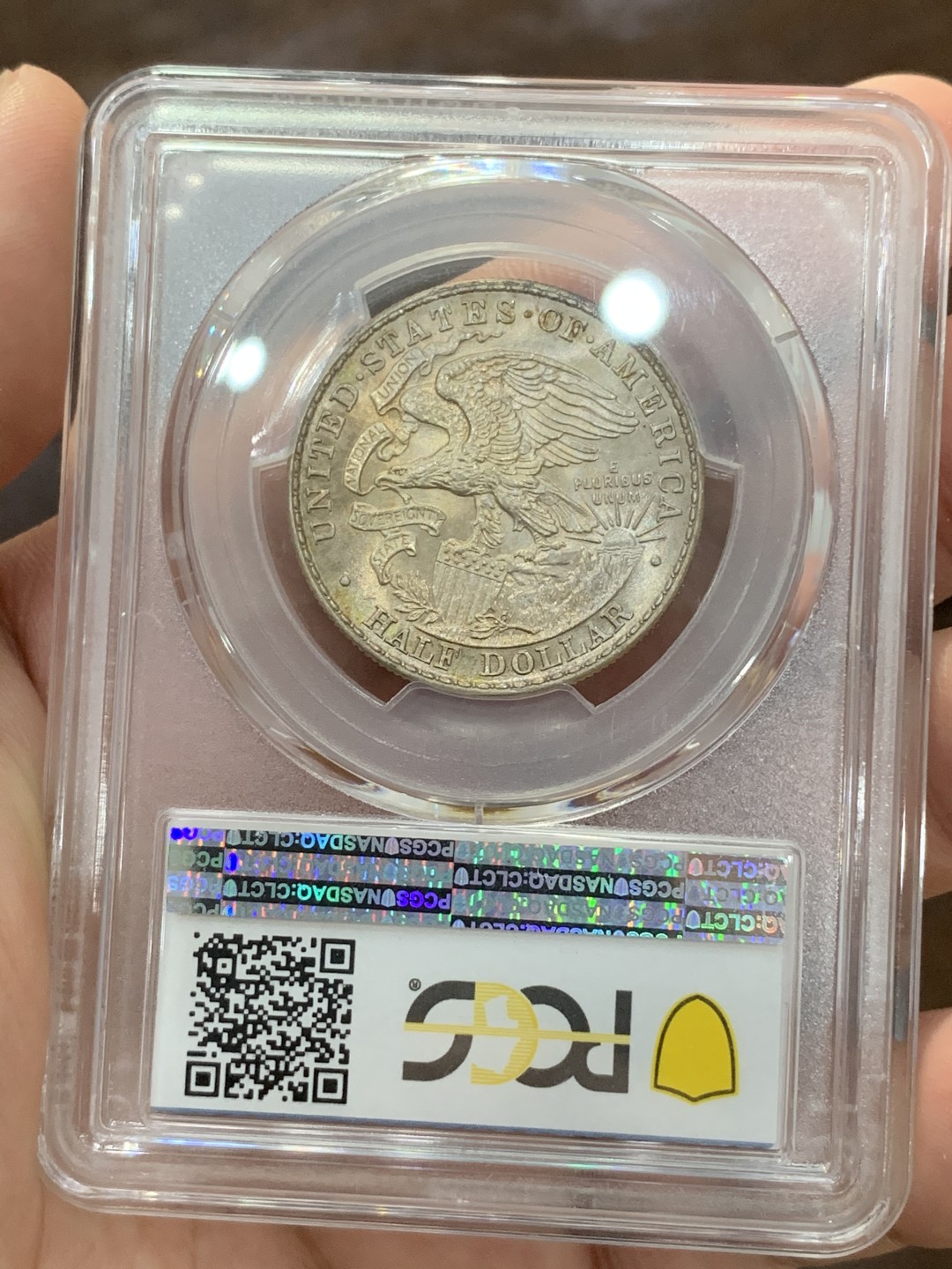 《竞宝斋》第73场-本周日，周一2场连拍（全场不限金额包邮） PCGS-MS65 美国 1918年 半美元 纪念银币 正面林肯头像 背面美国鹰 淡金色包浆