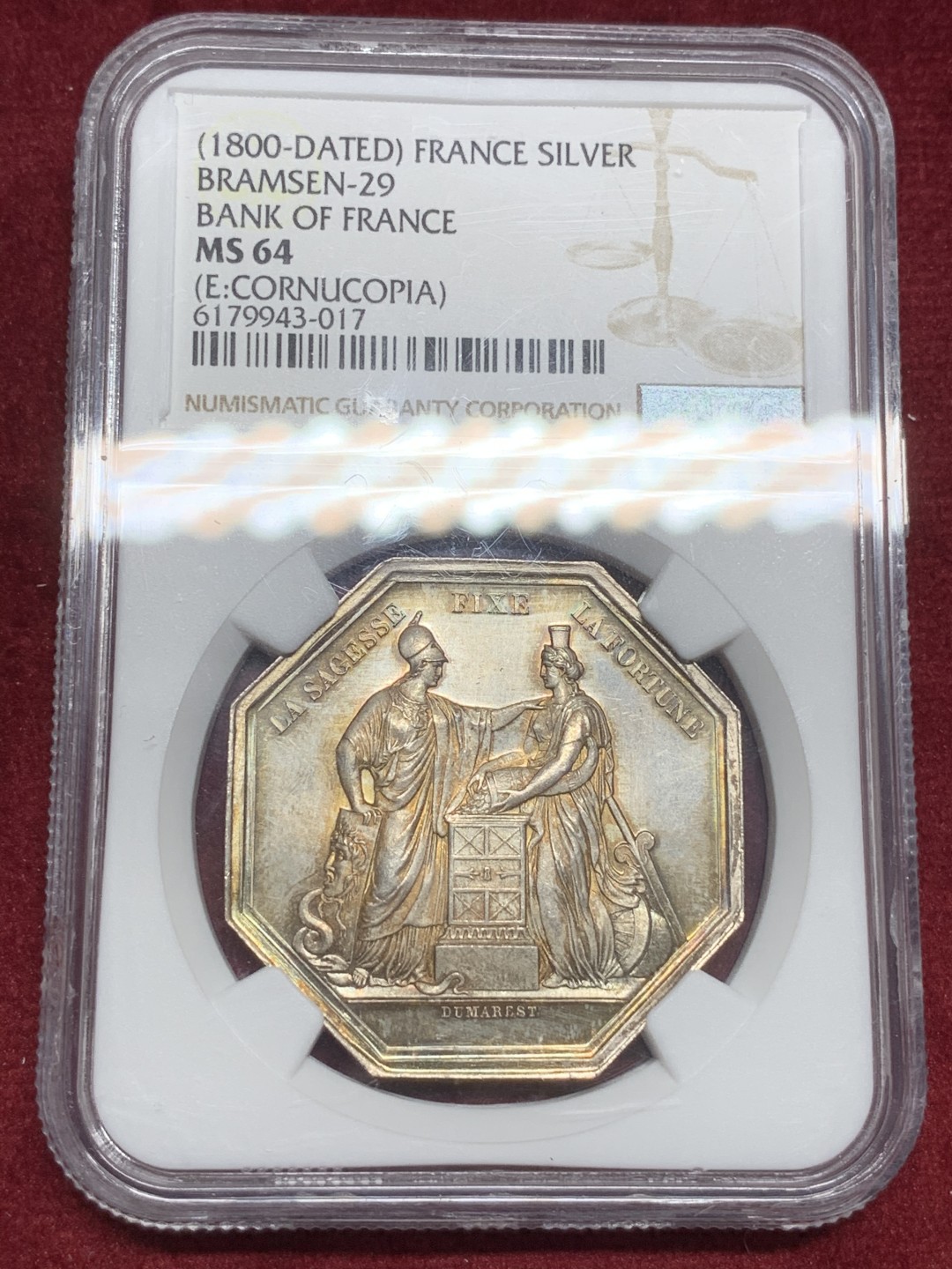 《竞宝斋》第73场-本周日，周一2场连拍（全场不限金额包邮） NGC MS64 法国1800年法兰西银行百年纪念八角银章代用币 五彩包浆 顶级品相