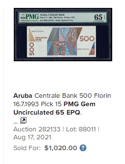 新纪元！【Blue Auction】✨世界纸币精拍第201期【精】    【初版】阿鲁巴 1993年500弗罗林 大鱼 全新UNC