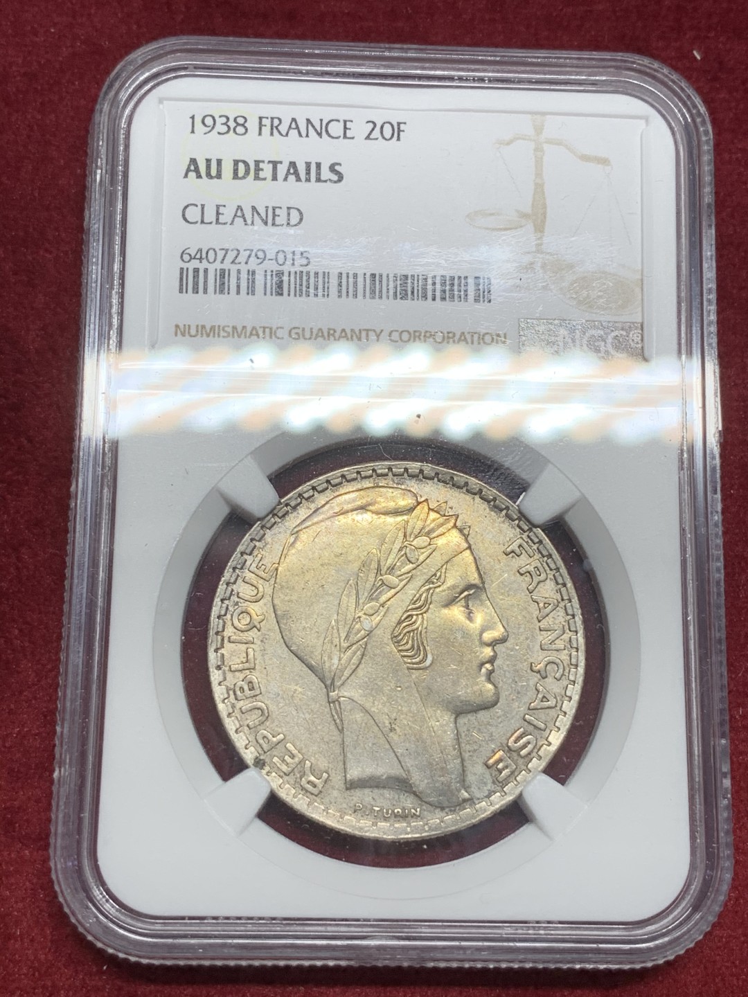 《竞宝斋》第73场-本周日，周一2场连拍（全场不限金额包邮） NGC AU评级 法国 1938年 20法郎银币