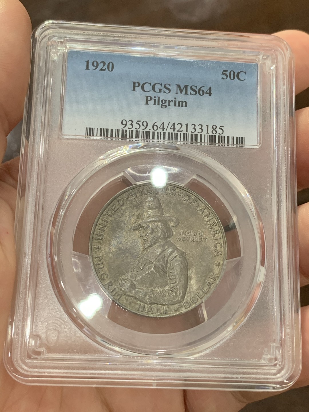 《竞宝斋》第73场-本周日，周一2场连拍（全场不限金额包邮） PCGS-MS64 美国 1920年 半美元 纪念银币 双面灰黑色包浆 味道很好