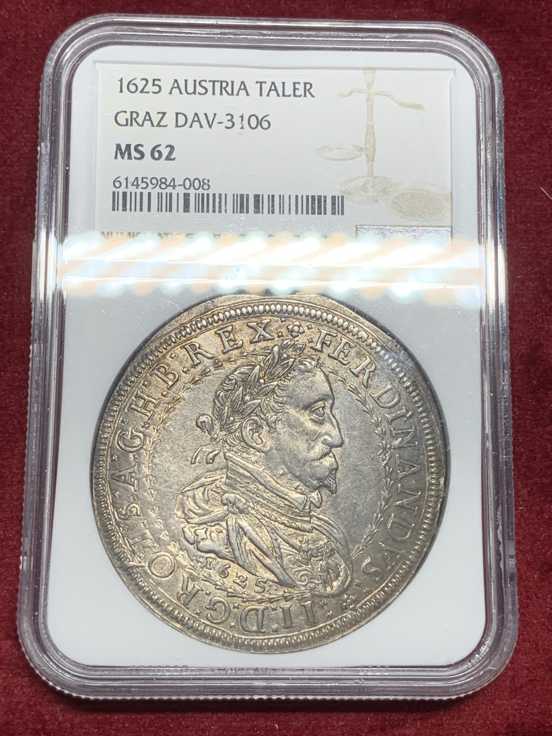 《竞宝斋》第73场-本周日，周一2场连拍（全场不限金额包邮） NGC-MS62 神圣罗马帝国 1625年 斐迪南二世 大泰勒银币 格拉茨厂出品 全深打 状态出色 一步到位的藏品