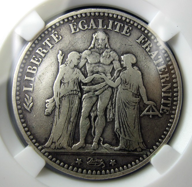法国5法郎银币,1873K,大力神赫拉克勒斯,中乾评级XF45