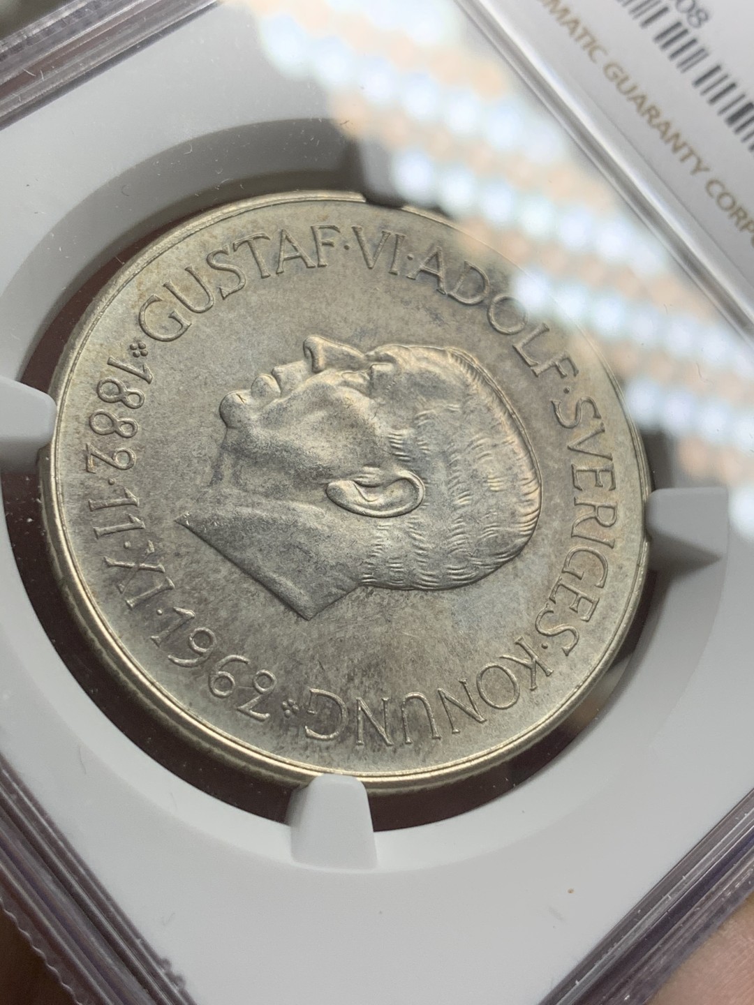 《竞宝斋》第73场-本周日，周一2场连拍（全场不限金额包邮） NGC MS63 1962年瑞典国王古斯塔夫六世80岁生日5克朗银币