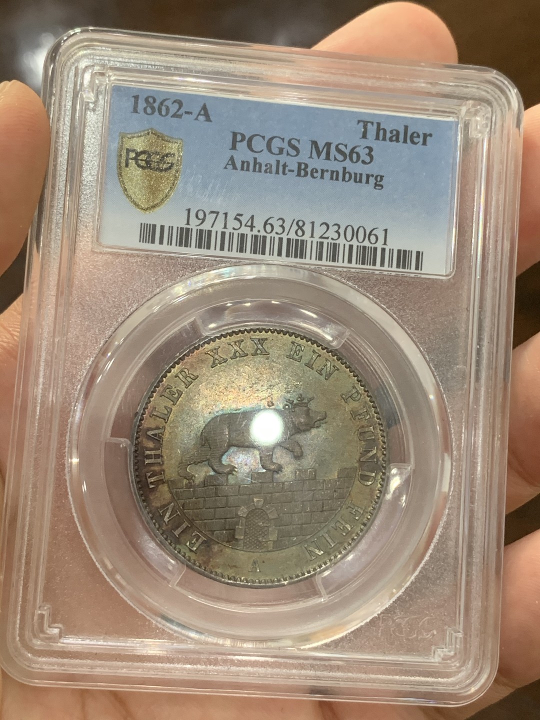 《竞宝斋》第73场-本周日，周一2场连拍（全场不限金额包邮） PCGS-MS63 德国 1862年 安哈特小熊爬墙泰勒 经典设计 超级五彩