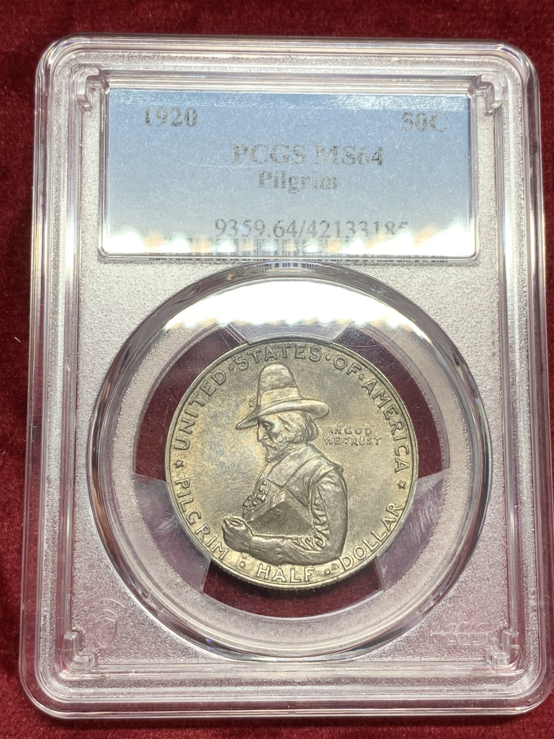 《竞宝斋》第73场-本周日，周一2场连拍（全场不限金额包邮） PCGS-MS64 美国 1920年 半美元 纪念银币 双面灰黑色包浆 味道很好