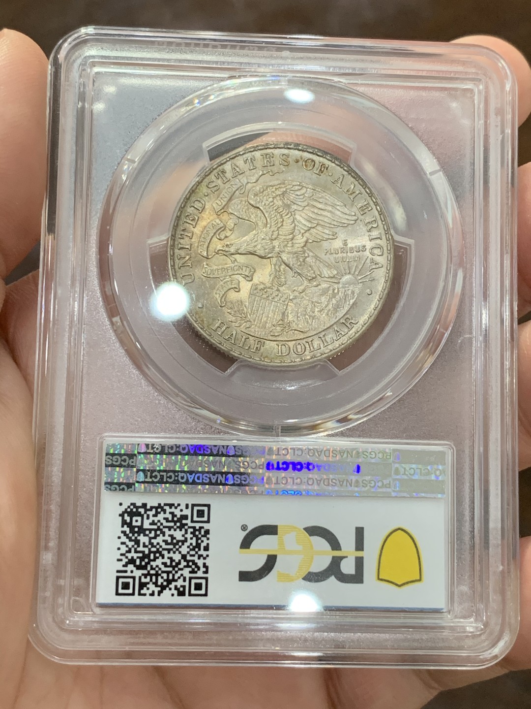 《竞宝斋》第73场-本周日，周一2场连拍（全场不限金额包邮） PCGS-MS65 美国 1918年 半美元 纪念银币 正面林肯头像 背面美国鹰 淡金色包浆