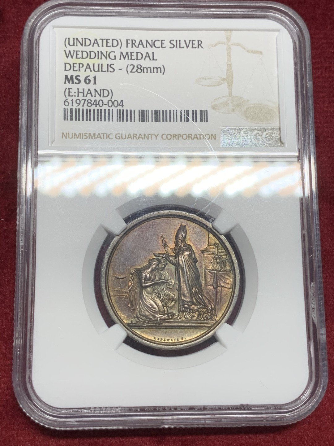 《竞宝斋》第73场-本周日，周一2场连拍（全场不限金额包邮） NGC MS61 法国19世纪结婚纪念银章 五彩包浆 低评好品好状态