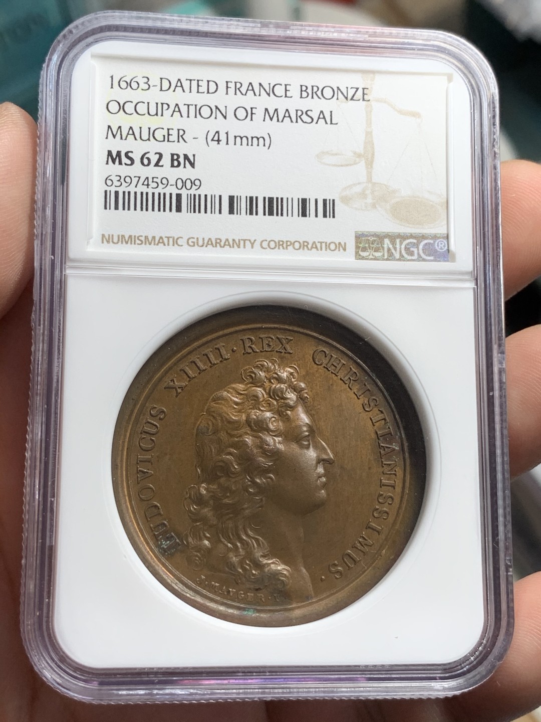 《竞宝斋》第73场-本周日，周一2场连拍（全场不限金额包邮） NGC MS62 法国1663年路易十四占领马歇尔纪念高浮雕精美铜章 难得ms好品