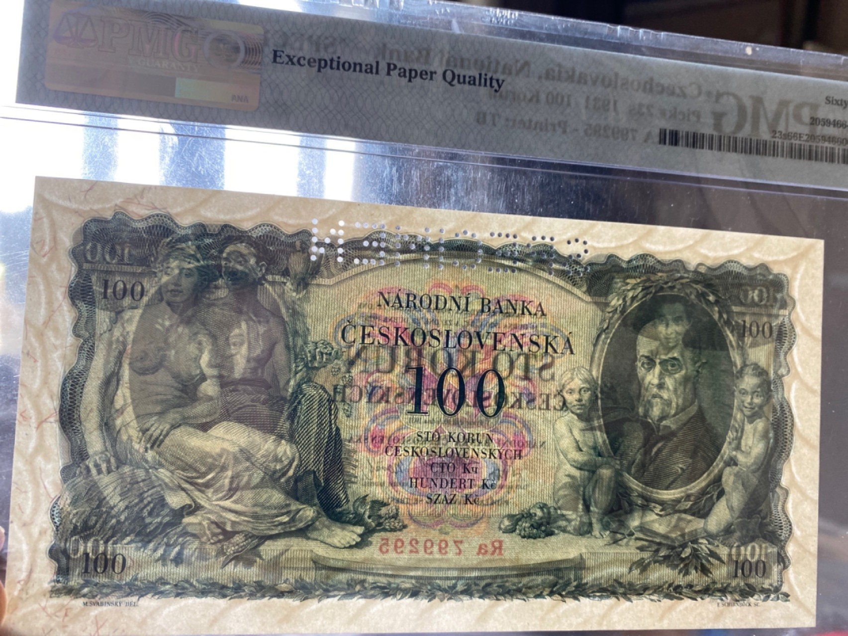 收藏联盟Quantum Auction 第174期拍卖 1931年捷克斯洛伐克100克朗 样钞 PMG66E