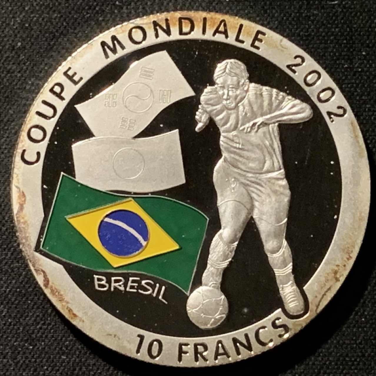 紫瑗钱币——第207期拍卖 刚果民主共和国  2002年 日韩世界杯 巴西队 10法郎 32克 0.999银 精制