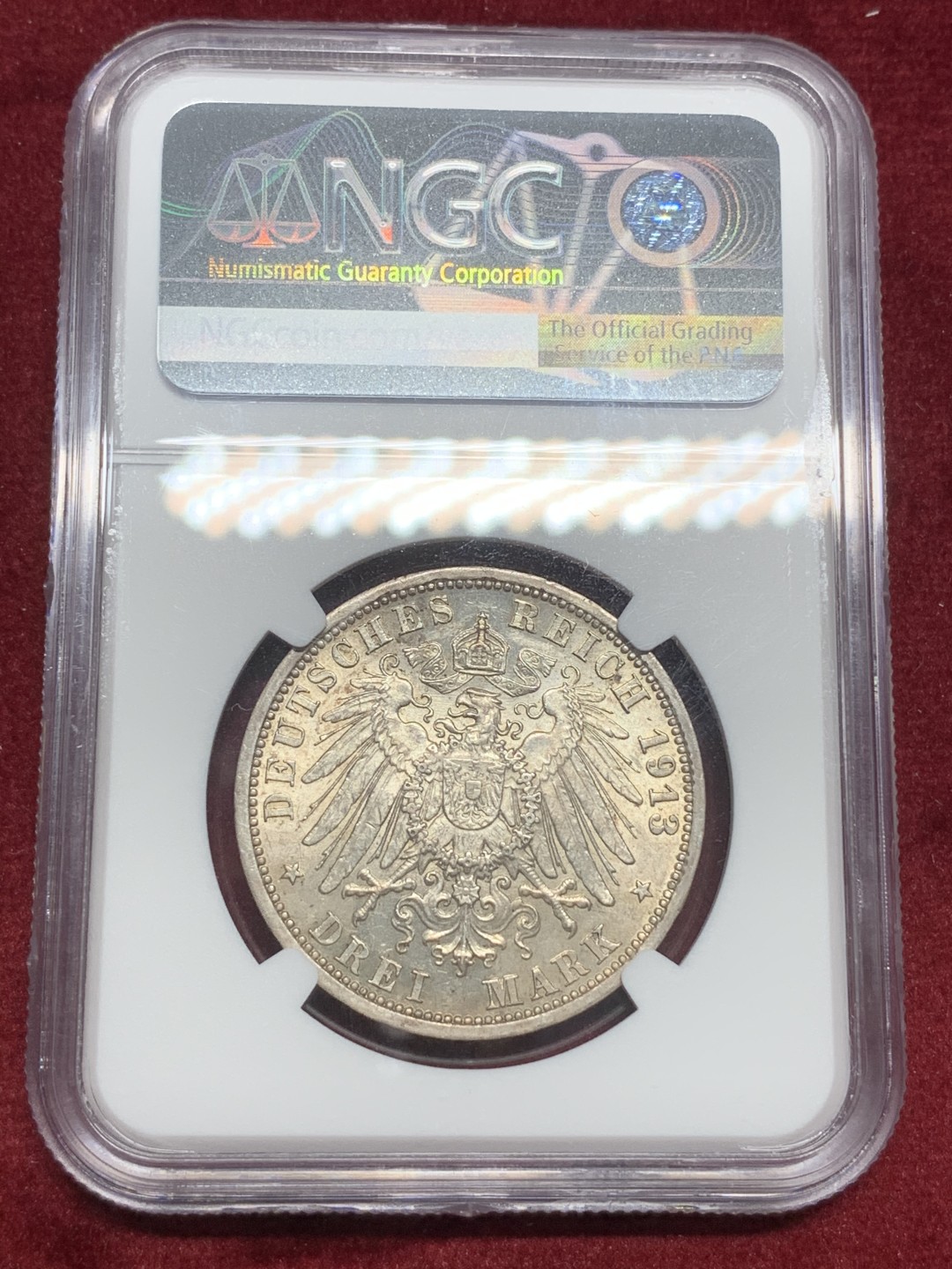 《竞宝斋》第73场-本周日，周一2场连拍（全场不限金额包邮） NGC Ms64 德国 1913年 吕贝克3马克 银币状态好 细节佳