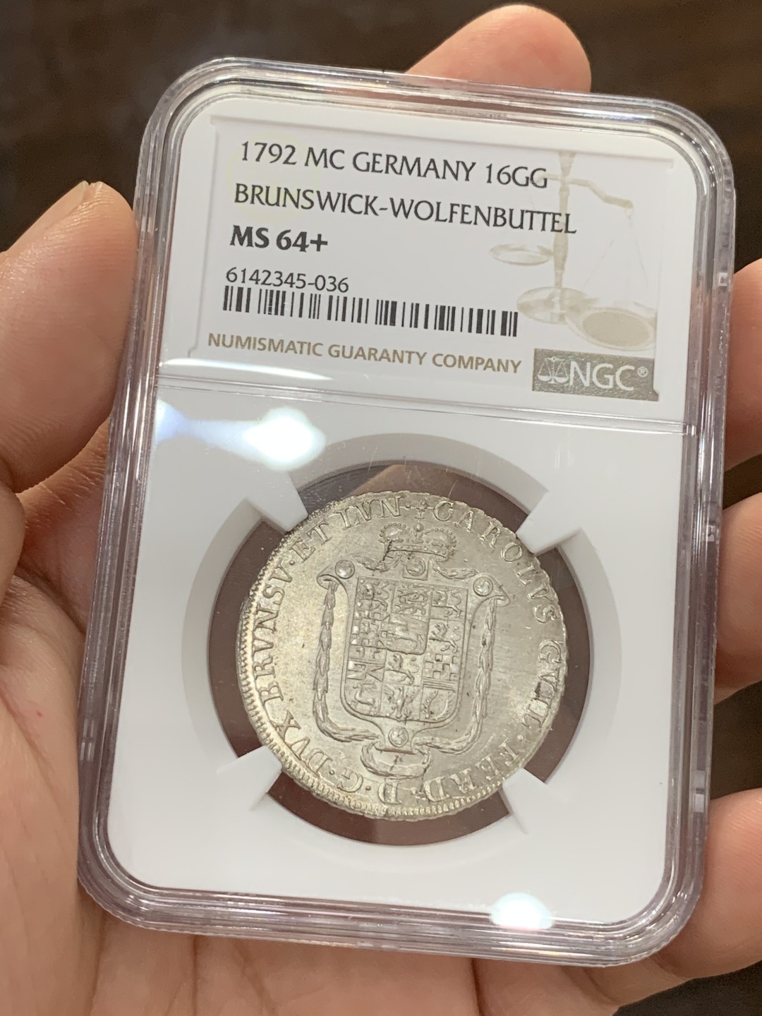 《竞宝斋》第73场-本周日，周一2场连拍（全场不限金额包邮） NGC-MS64+ 德国不伦瑞克 1792年 16格罗申银币 唯一冠军分 顶级收藏品