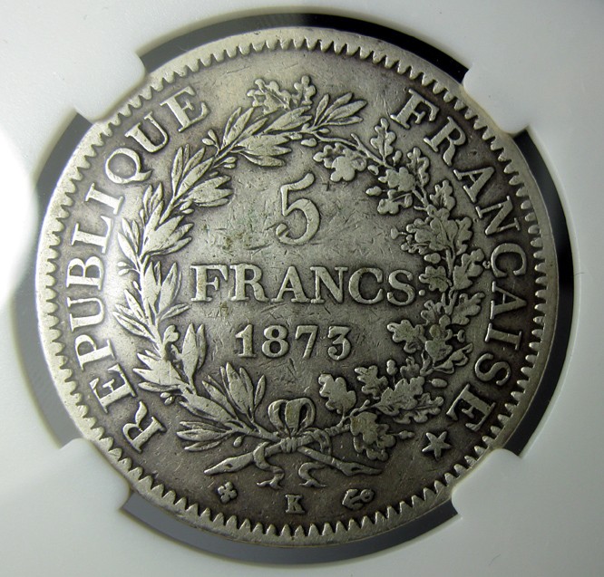 法国5法郎银币,1873K,大力神赫拉克勒斯,中乾评级XF45