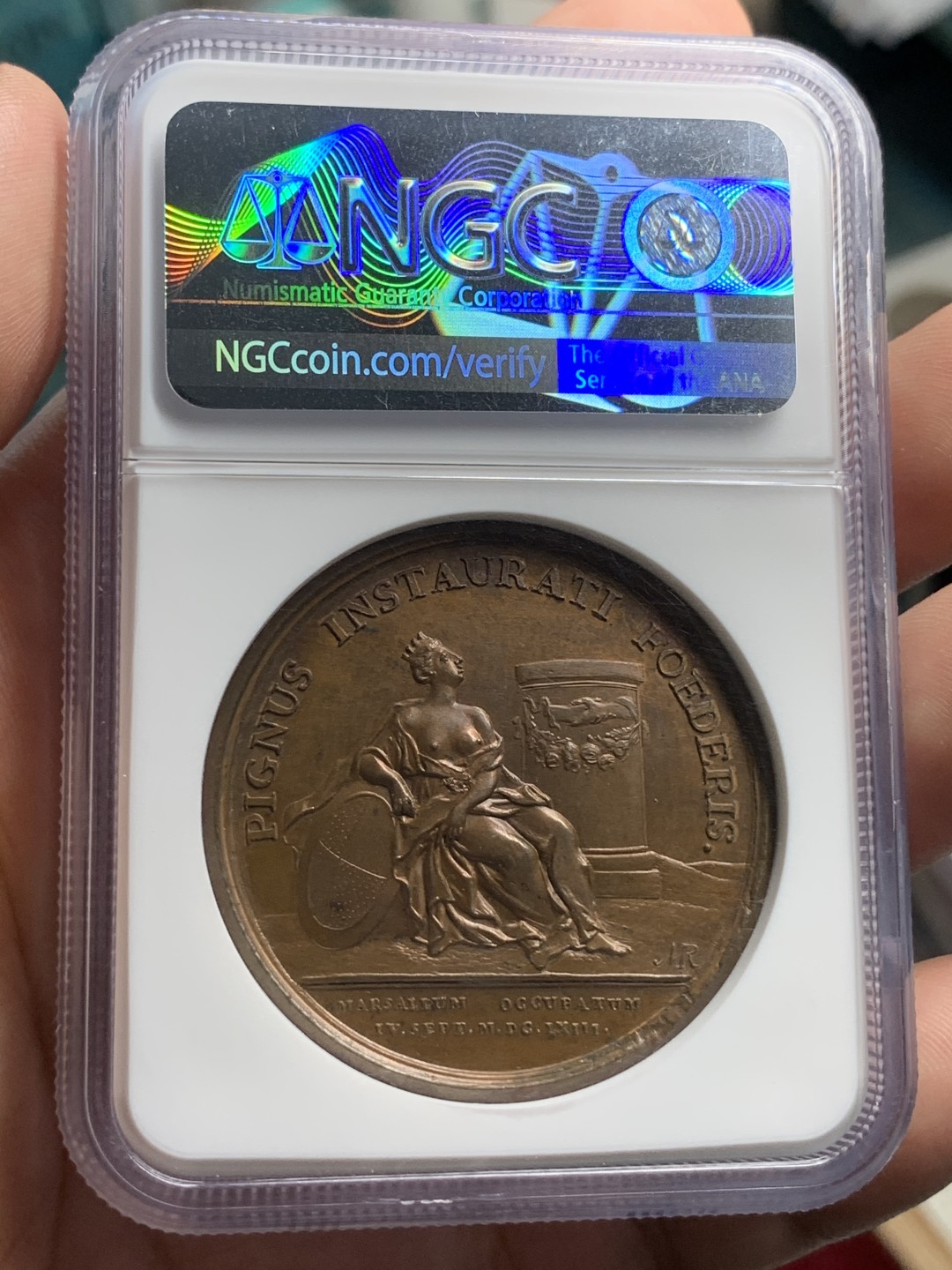 《竞宝斋》第73场-本周日，周一2场连拍（全场不限金额包邮） NGC MS62 法国1663年路易十四占领马歇尔纪念高浮雕精美铜章 难得ms好品