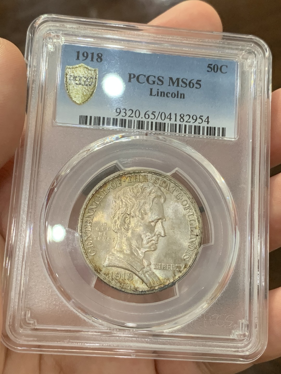 《竞宝斋》第73场-本周日，周一2场连拍（全场不限金额包邮） PCGS-MS65 美国 1918年 半美元 纪念银币 正面林肯头像 背面美国鹰 淡金色包浆