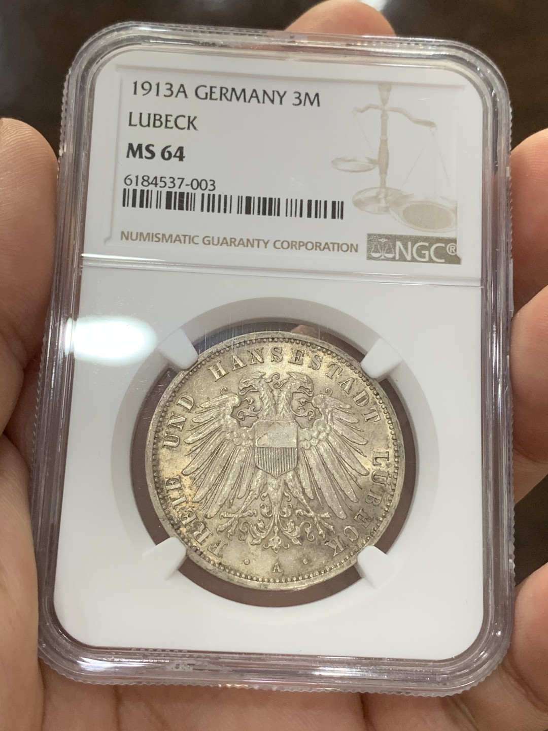 《竞宝斋》第73场-本周日，周一2场连拍（全场不限金额包邮） NGC Ms64 德国 1913年 吕贝克3马克 银币状态好 细节佳