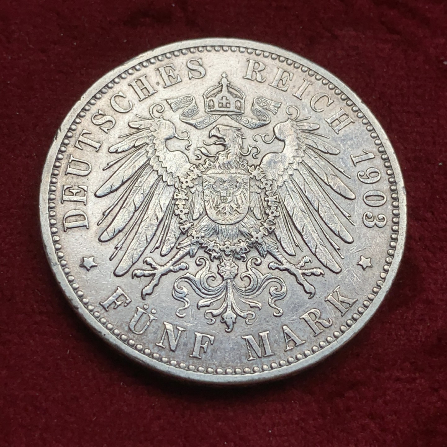 《竞宝斋》第73场-本周日，周一2场连拍（全场不限金额包邮） 德国 1903年 汉堡双狮  5马克银币 淡彩包浆 细节不错