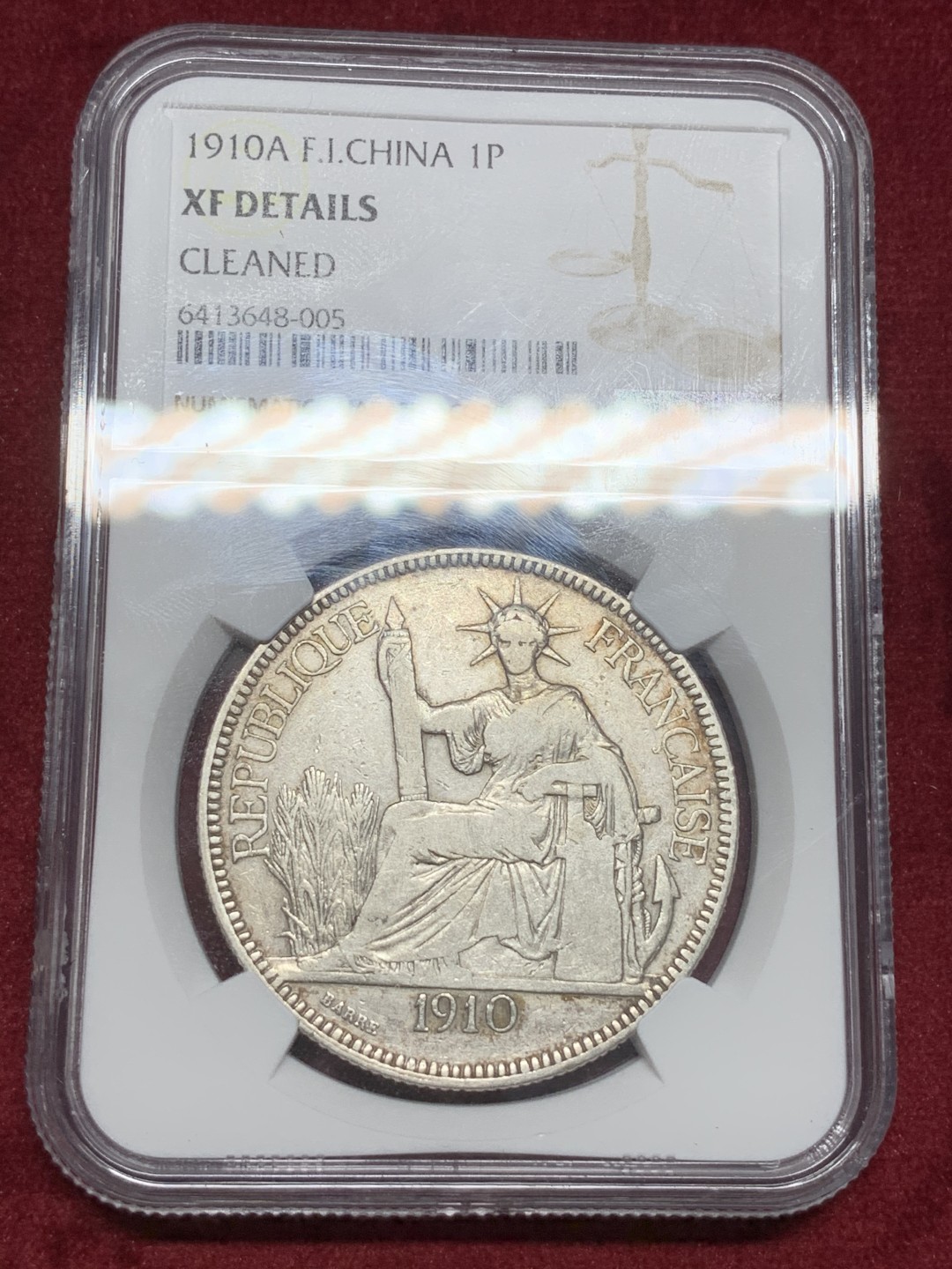 《竞宝斋》第73场-本周日，周一2场连拍（全场不限金额包邮） NGC-XFD 法属1910年坐洋一元 五珍年份