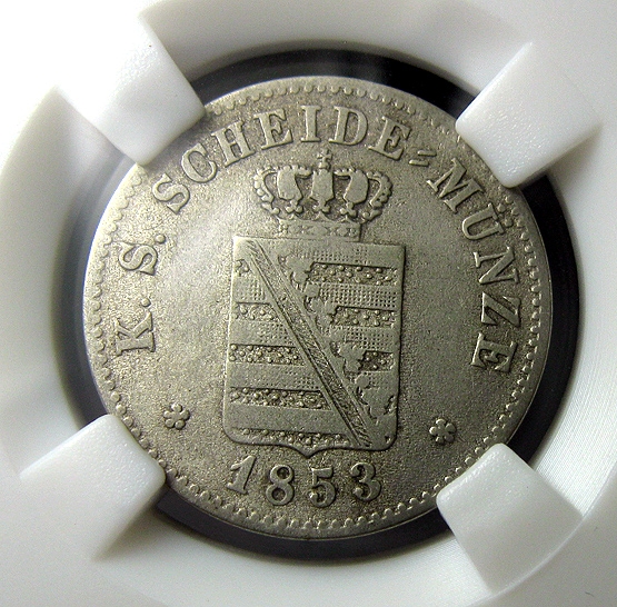 德国萨克森银币,1853F,弗里德里希.奥古斯特二世,2新格罗申,中乾评级XF45