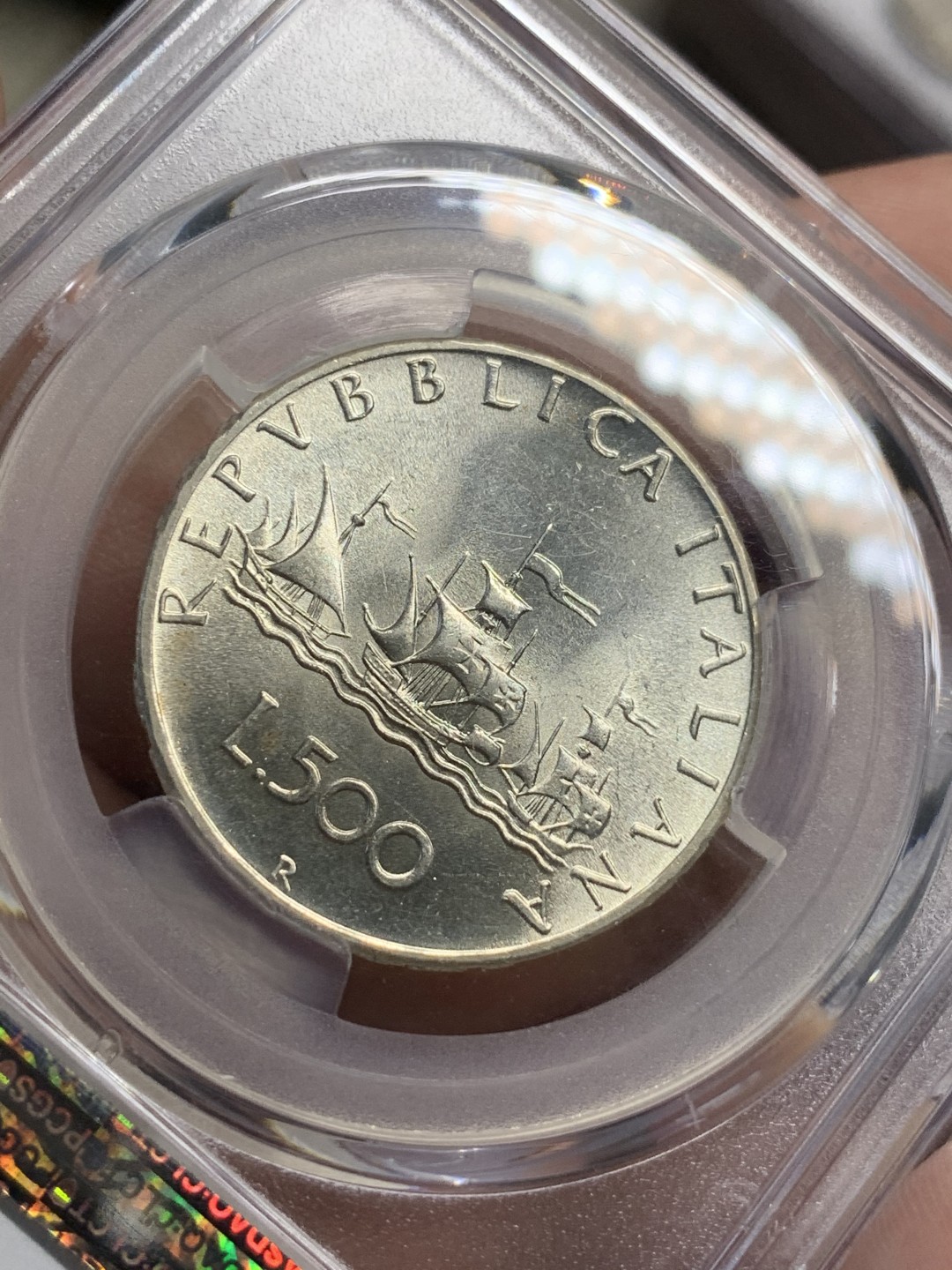 《竞宝斋》第73场-本周日，周一2场连拍（全场不限金额包邮） PCGS-MS64 意大利 1965年 少女帆船 500里拉 银币 亚军分 早年发行量不少 但是好品少