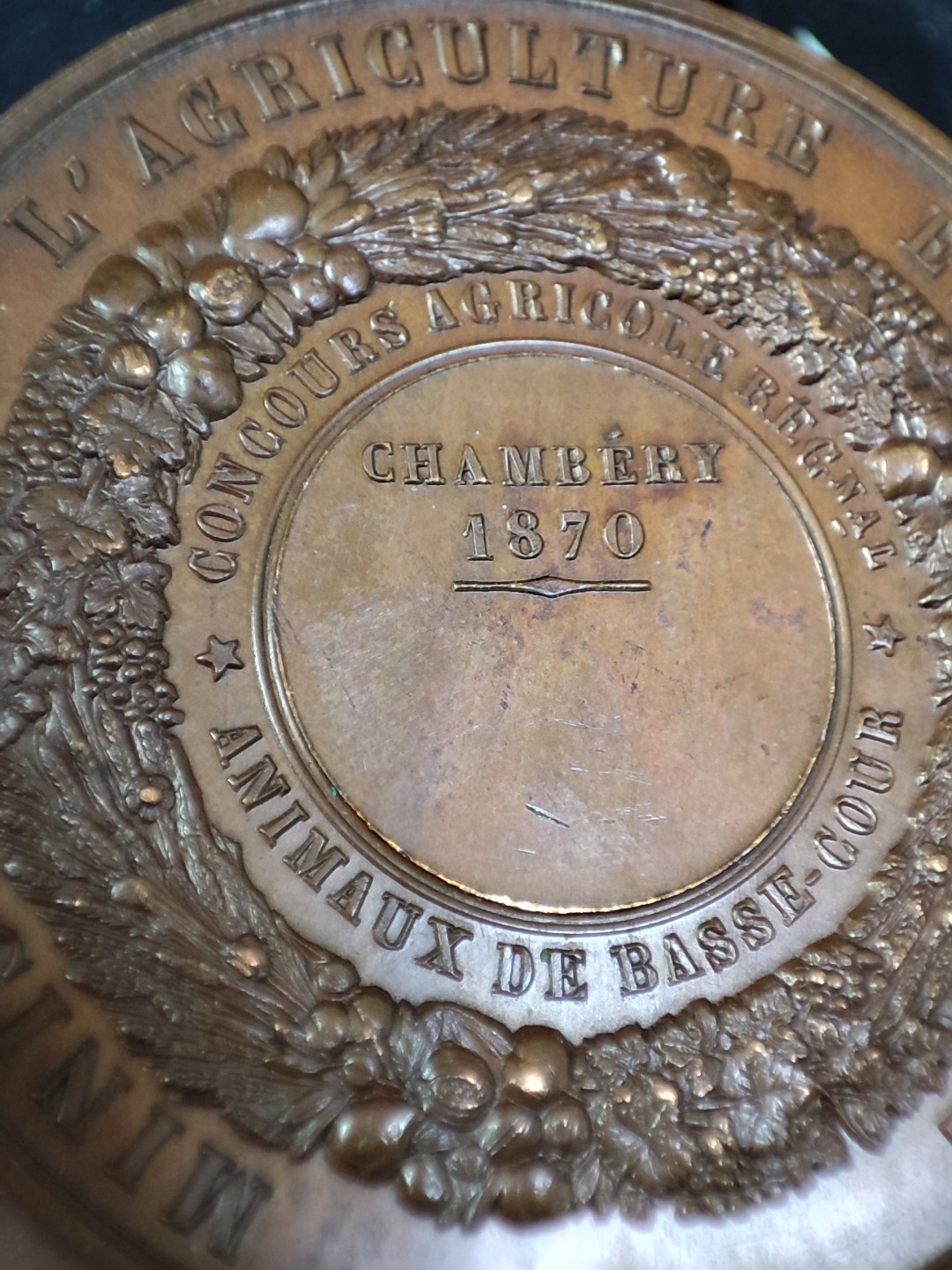 gush小明220713 法国1870拿破仑三世农业铜章 高浮雕，巧克力色，品相很好，巴黎造币厂蜜蜂边铭