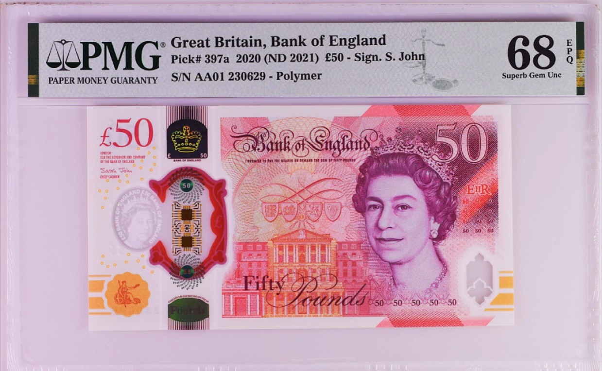 《张总收藏》64期——外币精品 英国F序列首发A01冠50镑PMG68E超高分无47 2020年