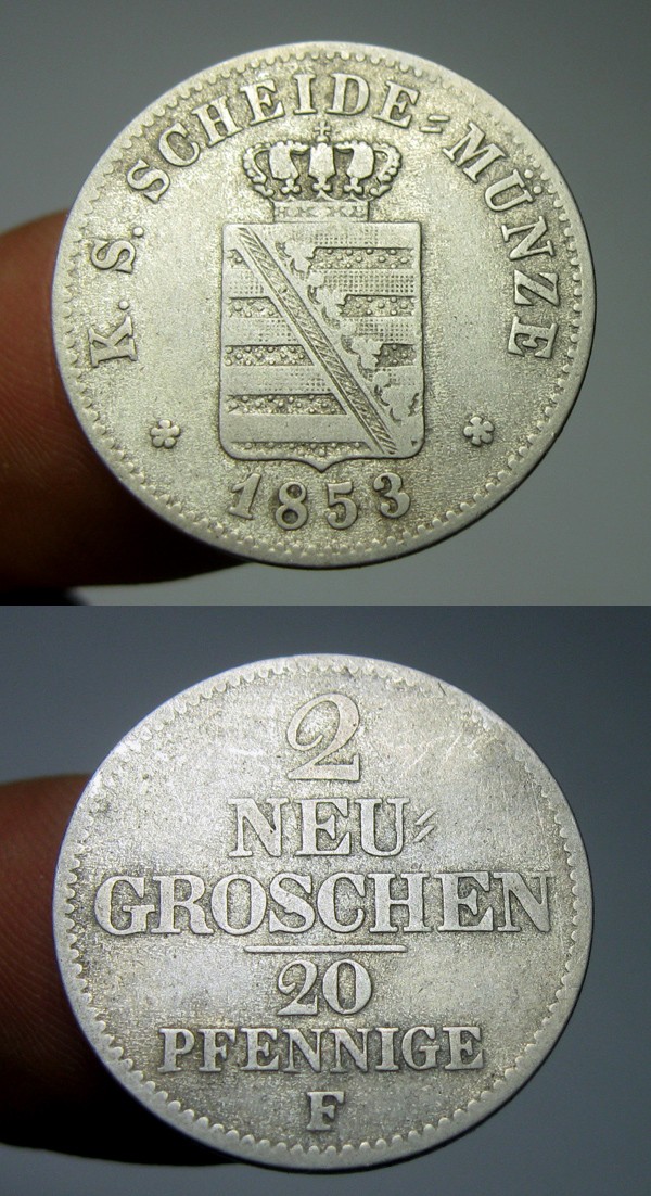 德国萨克森银币,1853F,弗里德里希.奥古斯特二世,2新格罗申,中乾评级XF45
