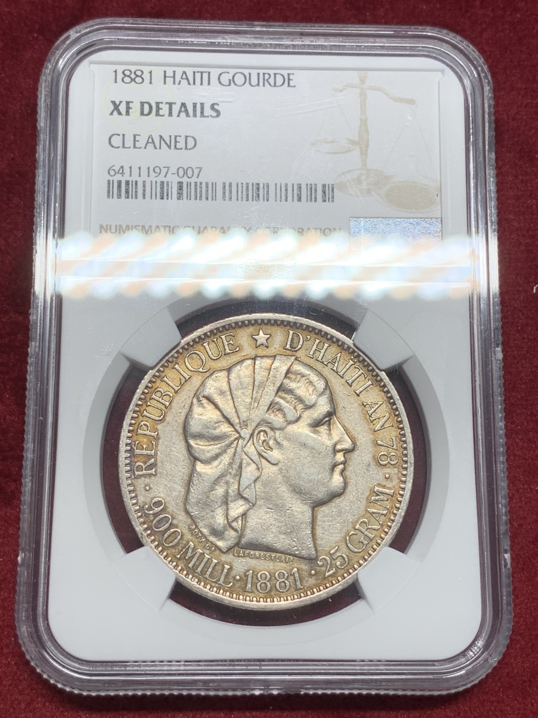 《竞宝斋》第73场-本周日，周一2场连拍（全场不限金额包邮） NGC-XFD 海地共和国 1881年 女神1元大银币 国内不多见