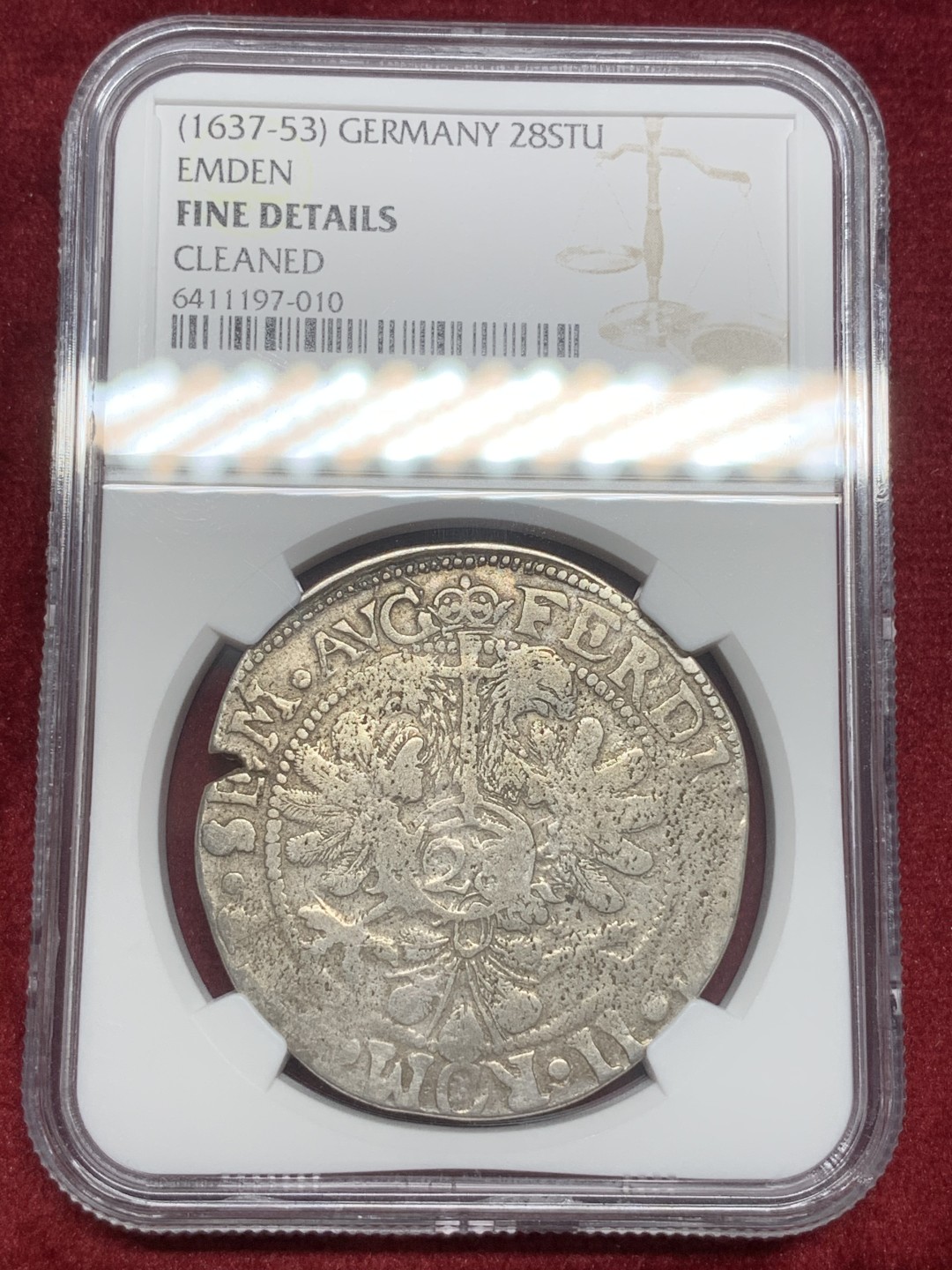 《竞宝斋》第73场-本周日，周一2场连拍（全场不限金额包邮） NGC 德国 埃姆登自由市 1637-53年 28斯迪佛银币（等于2/3泰勒）