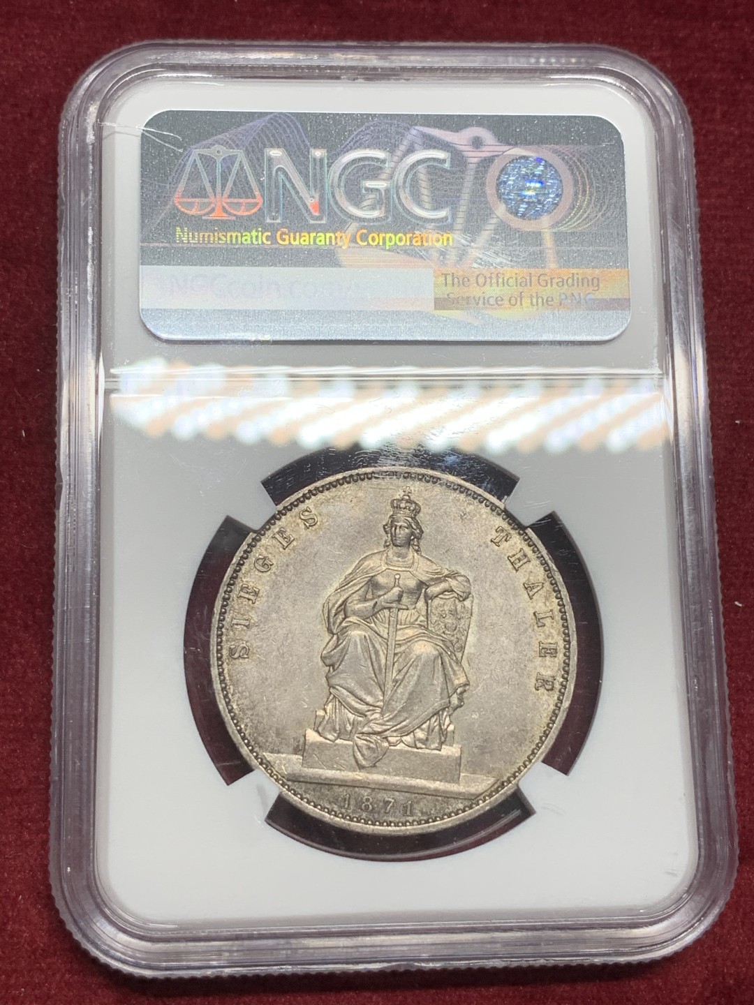 《竞宝斋》第73场-本周日，周一2场连拍（全场不限金额包邮） NGC-AU58，德国普鲁士威廉一世普法胜利1泰勒，黑彩车轮光，1871年A版。