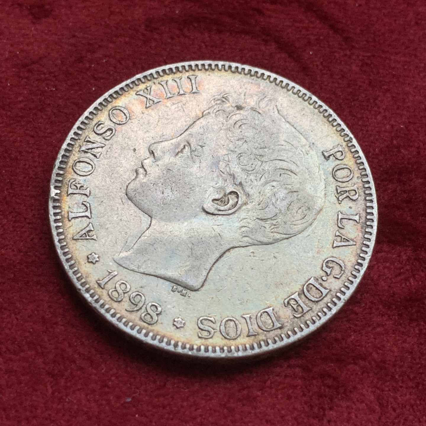 《竞宝斋》第73场-本周日，周一2场连拍（全场不限金额包邮） 西班牙1898年阿方索十三世5比塞塔双柱大银币 五彩包浆