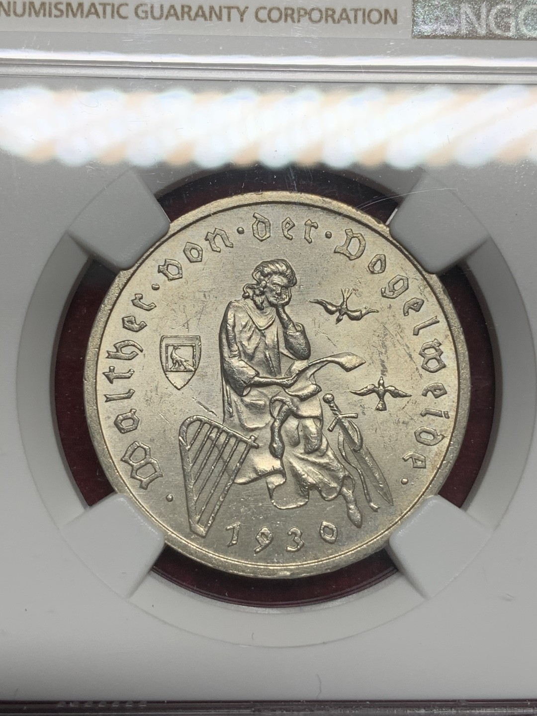 《竞宝斋》第73场-本周日，周一2场连拍（全场不限金额包邮） NGC-MS61,德国魏玛纪念瓦尔特3马克银币，1930年。