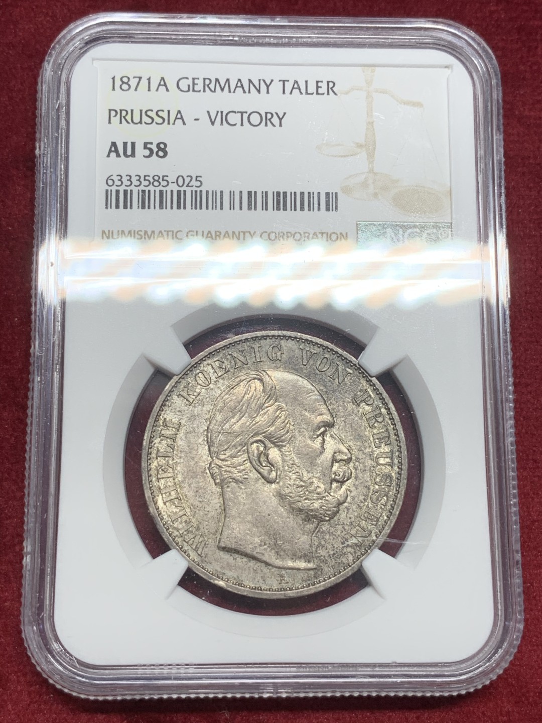 《竞宝斋》第73场-本周日，周一2场连拍（全场不限金额包邮） NGC-AU58，德国普鲁士威廉一世普法胜利1泰勒，黑彩车轮光，1871年A版。