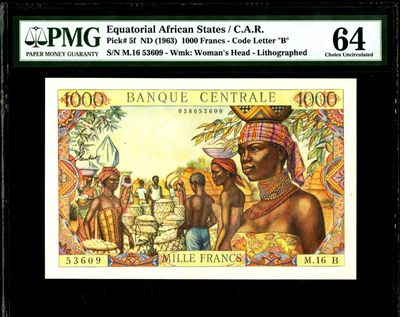 【Blue Auction】✨世界纸币精拍第202期【精】 - 【无47 中非版 冠军分罕见 实钞珍品 仅2张】法属赤道非洲 1963年1000法郎 p5f  经典砍木头 色彩艳丽 设计精美PMG64 顶级分数  