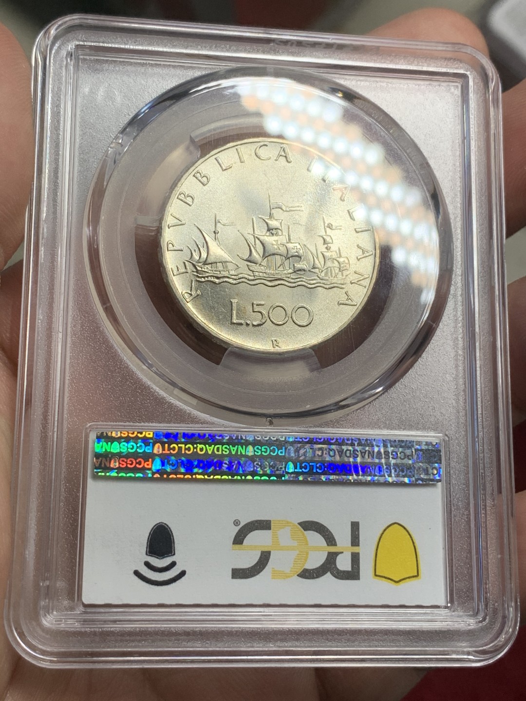 《竞宝斋》第73场-本周日，周一2场连拍（全场不限金额包邮） PCGS-MS64 意大利 1965年 少女帆船 500里拉 银币 亚军分 早年发行量不少 但是好品少