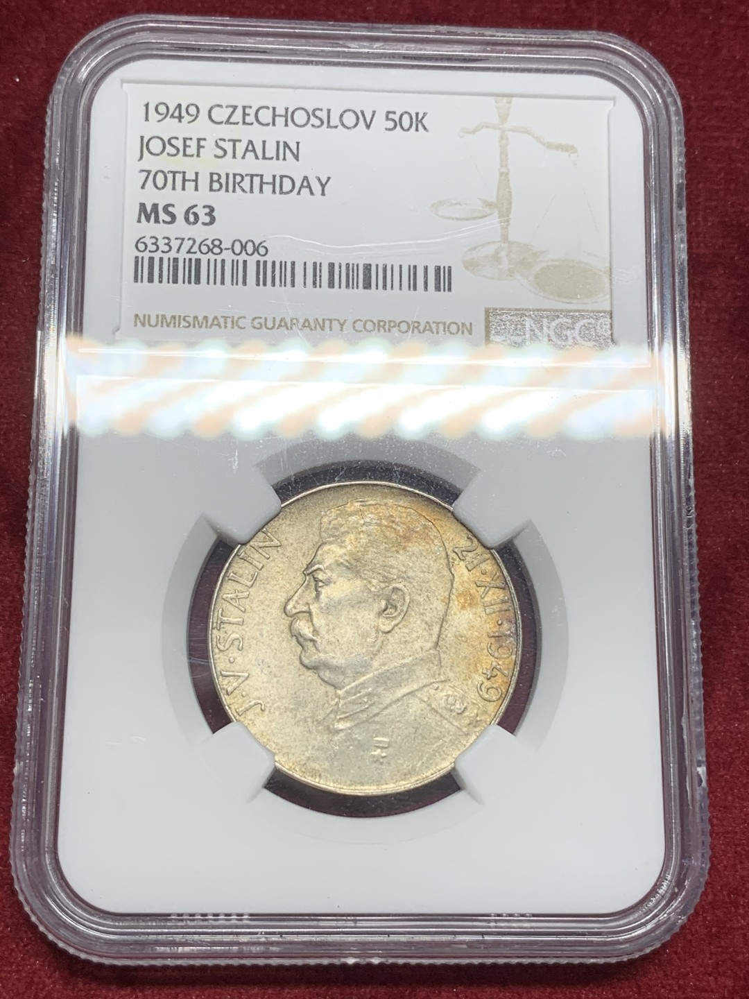 《竞宝斋》第73场-本周日，周一2场连拍（全场不限金额包邮） NGC-MS63 1949年 捷克斯洛伐克 斯大林诞辰70周年纪念银币