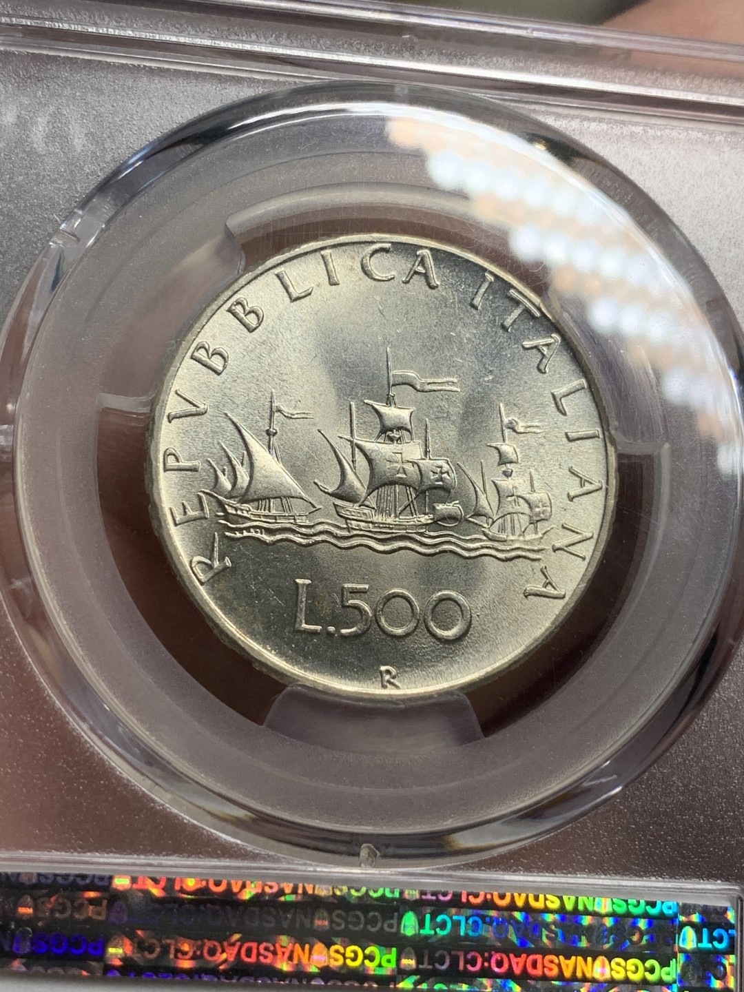 《竞宝斋》第73场-本周日，周一2场连拍（全场不限金额包邮） PCGS-MS64 意大利 1965年 少女帆船 500里拉 银币 亚军分 早年发行量不少 但是好品少