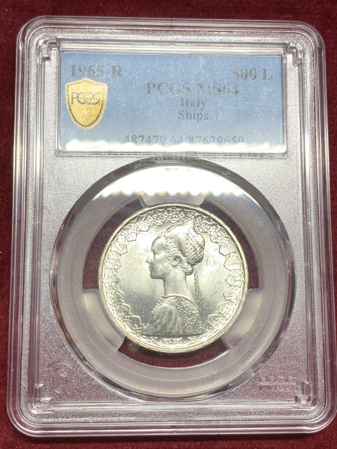 《竞宝斋》第73场-本周日，周一2场连拍（全场不限金额包邮） PCGS-MS64 意大利 1965年 少女帆船 500里拉 银币 亚军分 早年发行量不少 但是好品少