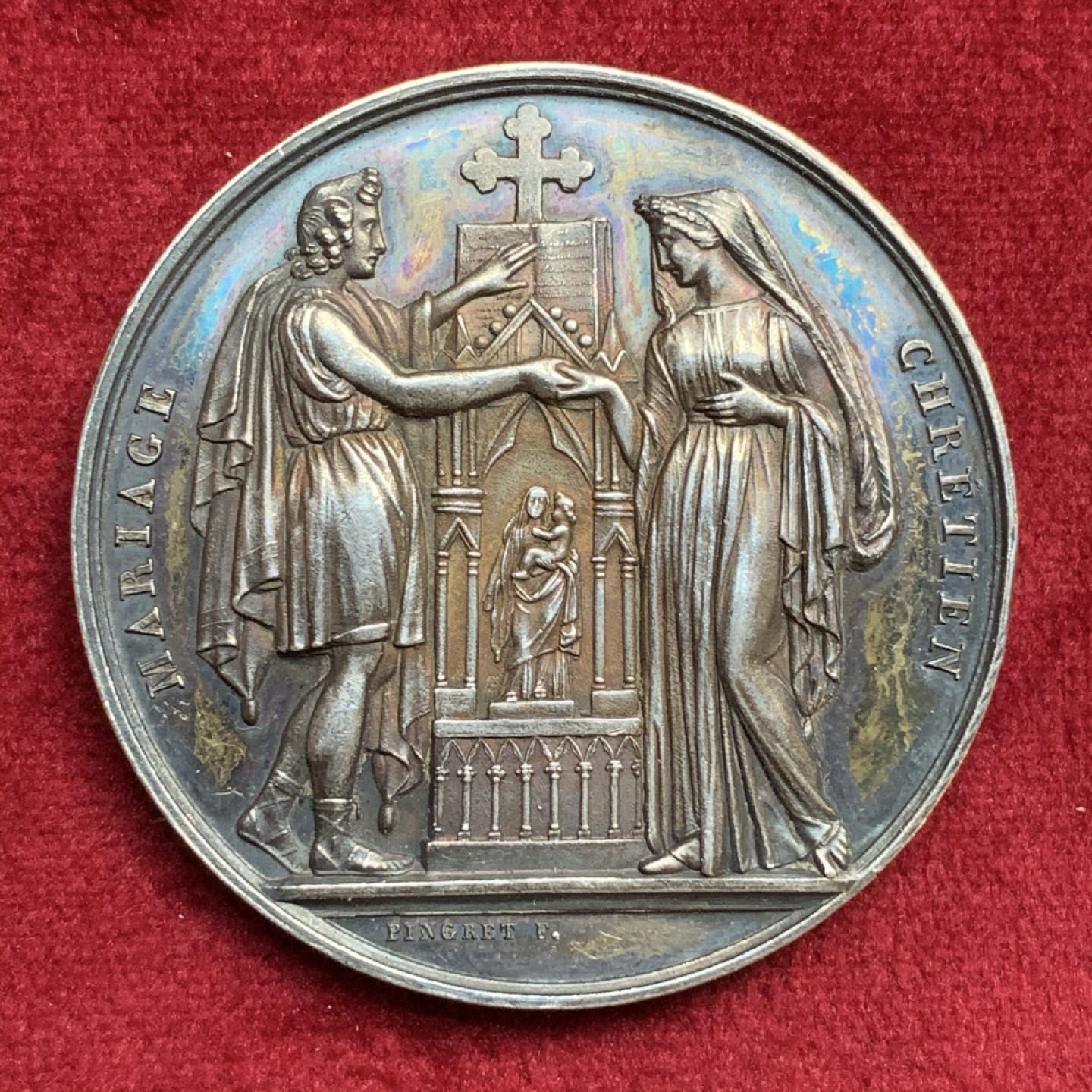 《竞宝斋》第73场-本周日，周一2场连拍（全场不限金额包邮） 法国1855年结婚高浮雕大银章 31.4克 很漂亮的包浆