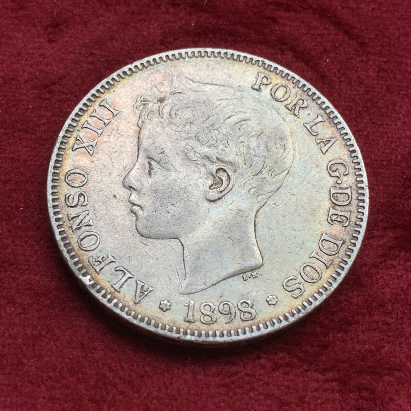 《竞宝斋》第73场-本周日，周一2场连拍（全场不限金额包邮） 西班牙1898年阿方索十三世5比塞塔双柱大银币 五彩包浆