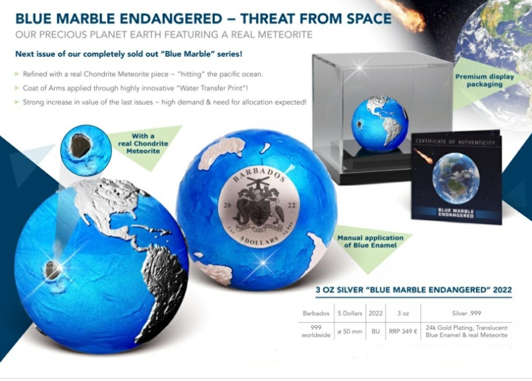 【海寧潮】巴巴多斯2022年外星撞击地球镶嵌陨石珐琅彩3盎司银币原价4850元